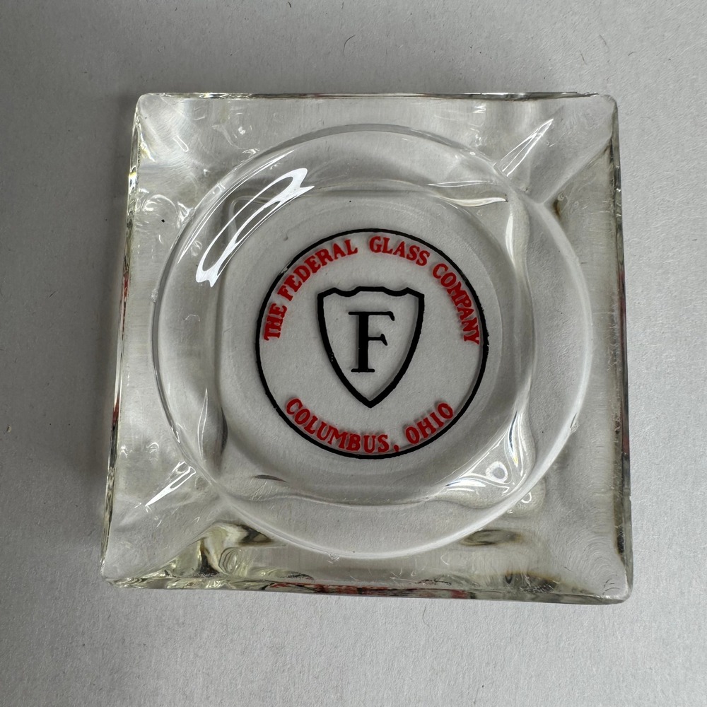 Vintage Federal Glass Company Columbus Ohio Square Glass Ashtray Advertising